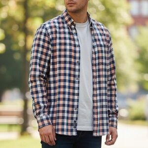 Express Navy and Peach Plaid Shirt